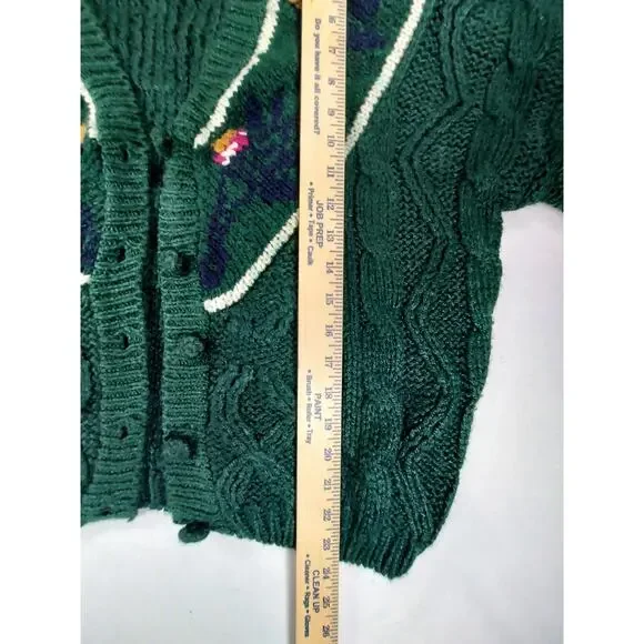 Vintage 90s IVY Handmade Knitted Green Floral Cardigan Sweater Sz L Grannycore - Picture 2 of 6